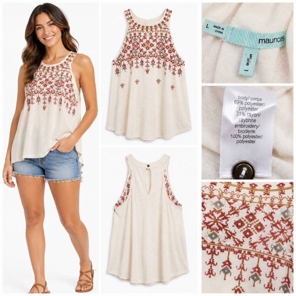 Maurices Large Cream Red Stitch Detail Sleeveless Halter Top
